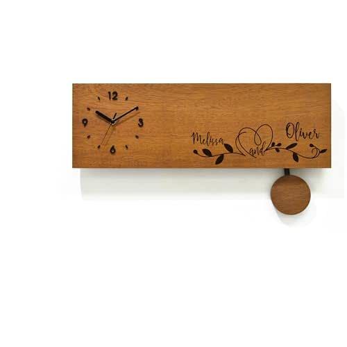 Modern Wooden Wall Clock - Pendulum Wall Clock - Laser Engraved Iroko Wood - Anniversary Personalized Gift - Wedding Gift Idea - Couple Gift