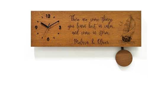 Modern Wooden Wall Clock - Pendulum Clock - Laser Engraved Iroko Wood - Personalized Gift - New Home Gift - Custom Quotes - Inspirational