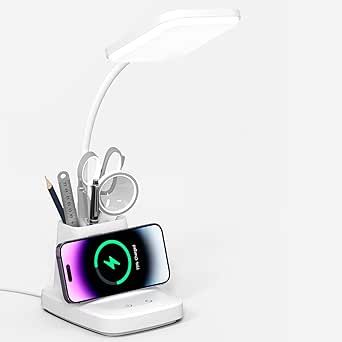 Vicsoon LED Desk Lamp with Wireless Charger for Home Office, Small with Pen Holder, 800LM,3 Color Modes,Gooseneck, Eye-Caring White Desk Lamps for Home College Dorm Room