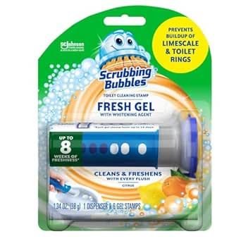 Scrubbing Bubbles Fresh Gel Toilet Bowl Cleaning Stamps Starter Pack, Clean and Prevent Limescale and Toilet Rings, Citrus Scent, 1 Dispenser with 6 Stamps, 1.34 Oz
