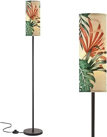 Modern Standing Lamps Tropical exotic floral green red monstera palm leaves Minimalist Floor Lamp Metal Pole Lamp with Linen Lampshade for Bedroom Living Room Office Nursery Reading Foot Switch