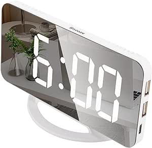 IUPPA LED Mirror Clock Mini Digital Alarm Clock Table Clock with Snooze Function 3 Adjustable Brightness Auto-Adapt Backlight