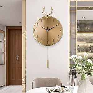 XMDHHAMN Large Metal Wall Clocks for Living Room Decor Battery Operated Non Ticking 29in Modern Gold Deer Head Pendulum Wall Clock for Offices Meeting Rooms Bedrooms and Classroom(Golden)