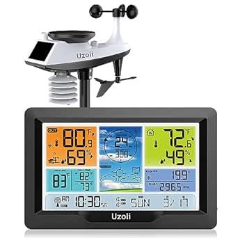 Uzoli EM3390D Weather Station Wireless Indoor Outdoor, Home Weather Stations with Rain Gauge and Wind Speed, Digital Color Display with Temperature, Humidity, Atomic Clock, Forecast Station