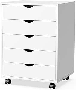 5 Drawer Chest- Dressers Storage Cabinets Wooden Dresser Mobile Cabinet with Wheels Bedroom Organizer Drawers for Office, Home, White