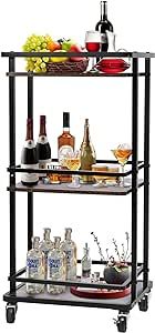 3 Tier Bar Cart for Home, Mobile Bar Serving Cart, Wine Cart on Wheels, Industrial Style Wine Cart for Kitchen, Beverage Cart with Wine Rack and Glass Holder, Multifunction Utility Cart Storage Rack