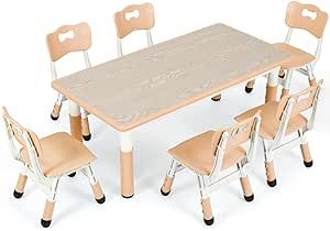 Arlopu Kids Table and 6 Chairs Set, Height Adjustable Graffiti Table, Preschool Activity Art Craft Table, for Daycare Classroom Home Boys and Girls Age 3-12 (Beige)