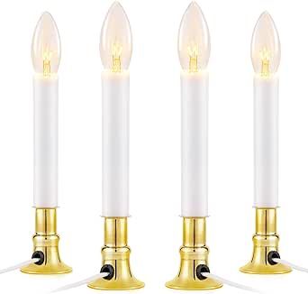 TOBUSA 4 Pack Christmas Electric Window Candle Lights, Dusk to Dawn Candle Lamps with Brass Base, 9in Plug in Candle Lights with 7W E12 Base Incandescent Bulbs for Windows, Home, Party Decor