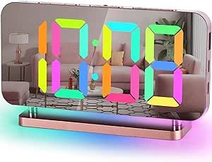 SZELAM RGB Digital Alarm Clock,7.4” LED Mirror Desk Clocks,with Night Light,USB C Charger Port,Auto Dimmer,5 Levels Volume,for Home Office Bedroom Bedside Table Decor - Rose Gold