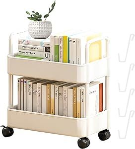 Movable Bookshelf Cart, Bookcase With Wheels 2 Tiers, Multi-Functional Mobile Book Cart Organizer For Bedroom Living Room Home School, Kids Children Students, Utility Rolling Cart Book Rack Storage