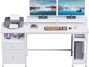 Furologee 61" Computer Desk with Fabric File Cabinet & Drawer, Reversible White Desk with Storage Shelf, Office Desk with Long Monitor Stand, Writting Desk Workstation, for Home/Office/Bedroom