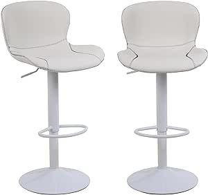 Youhauchair Bar Stools Set of 2, PU Leather Counter Height Barstools with Back, Height Adjustable Swivel Bar Chairs, Modern Armless Kitchen Island Stool, White
