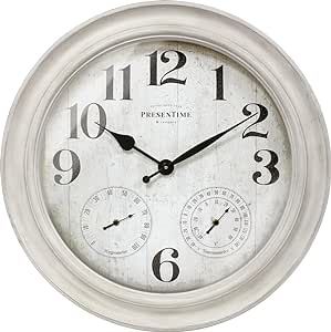 PresenTime & Co. 26" Clifton in/Outdoor Farmhouse Clock with Thermometer & Hygrometer as All in One Weather Station, Farmhouse Wall Art and Timepiece for Home Decoration, Weathered White Finish