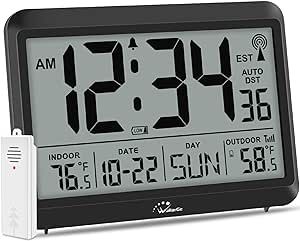 WallarGe Atomic Clock with Indoor Outdoor Temperature - Digital Clock Battery Operated, Self-Setting, 4 Time Zones, DST