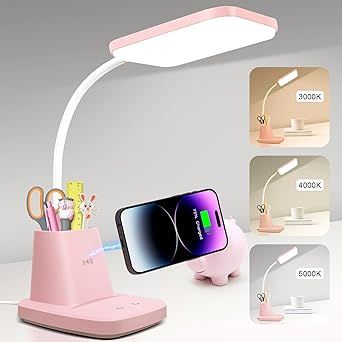 Sailstar Cute Desk Lamp, Pink Small Desk Lamp with Pen Holder, Wireless Charger LED Desk Lamps for Home Office, Kids Desk Lamp 800LM Gooseneck 3 Modes Dimmable Touch, Study Lamp for College Dorm Room