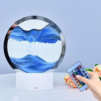 KAZIO 3D Moving Sand Table Lamp, Moving Sand Art Decor Lamp with LED, Moving Hourglass Decorative Ambient Lamp, 7 Color Changing Deep Sea Sandscape Table Lamp for Desk Home Decor Creative Gift (Blue)