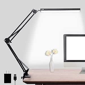 LED Desk Lamp, Adjustable Swing Arm Lamp with Clamp, Eye-Caring Reading Light, 10 Brightness Levels, 3 Lighting Modes, Memory Function Lamps for Home Office Adapter (Black)