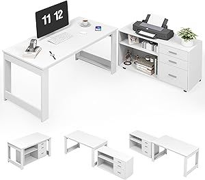 Buytime 55" L Shaped Desk with Storage, Corner Desk with 3 Drawers and 2 Shelves, Computer Desk with Storage File Cabinet, Executive Desk for Home Office, Bedroom, White