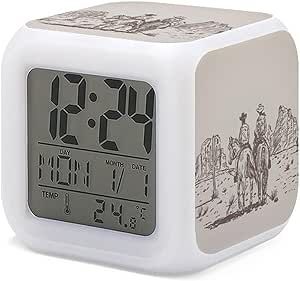 XUWU Western Cowboy Alarm Clock for Kids 7 LED Color Changing Wake Up Clock Home Decor Alarm Clock for Boy Girl Bedroom Digital Alarm Clock with Temperature Display