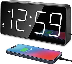 Peakeep Digital Clock, Alarm Clock for Bedrooms - Large Big Numbers 5 Dimmers for Seniors, Battery Backup Loud Alarm Clock with USB Charger Port (White)