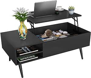 PayLessHere Lift Top Coffee Table with Adjustable Storage and Hidden Compartment Small Wood Coffee Table Center Table for Home Living Room Office Apartment Reception Room,Black