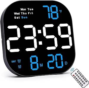 SZELAM LED Wall Clock,10.5” Digital Wall Clocks Large Display,with Remote Control, 2 Alarm, Date and Week, Auto Dimming, for Home Living Room Office Classroom Gym Decor - Blue