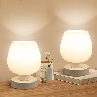 Touch Bedside Table Lamp Set of 2 - Small Modern Table Lamp for Bedroom Living Room Nightstand, 3-Way Dimable Desk lamp with White Opal Glass Lamp Shade, 2700K LED Bulb, Simple Design Home Decor