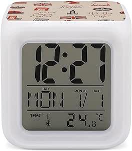 UK and London Theme with Inscriptions Color Changing LED Digital Alarm Clock Bedside Clock for Home Office