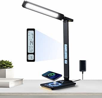 Led Desk Lamp with Wireless Charger, Desk Lamps for Home Office with Clock, Alarm, Date, Temperature | Desk Light with Night Light, 45 Min Auto Timer | Touch Control Smart Lamp for College, Dorm