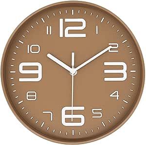 45Min 10 Inch 3D Number Dial Face Modern Wall Clock, Silent Non-Ticking Round Home Decor Wall Clock with Arabic Numerals, Colorful Dial Face (Light Brown/Khaki)