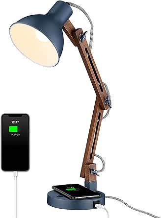 ELYONA Upgrate Wireless Charging Desk Lamp, Sapele Wood Table Lamp with Type-C Charging Port, Swing Arm, Modern Task Light for Bedroom Reading, Dorm, Home Office, Living Room, LED Bulb Include, Blue