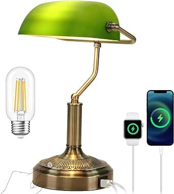 SEEDED-DESIGN Bankers Lamp with USB & Type C Charging Ports, Touch Control Green Glass Desk Lamp, 3-Way Dimmable Vintage Table Lamps for Home Office, Library, LED Bulb Included (Touch Switch)