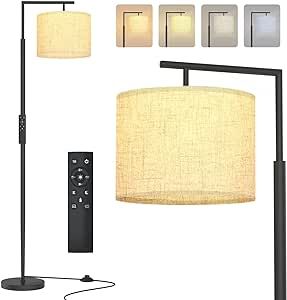 PESRAE LED Floor Lamp with Remote Control, 4 Color Temperature LED Bulb Included, Modern Standing lamp with Linen Lampshade for Bedroom, Living Room, Matte Black
