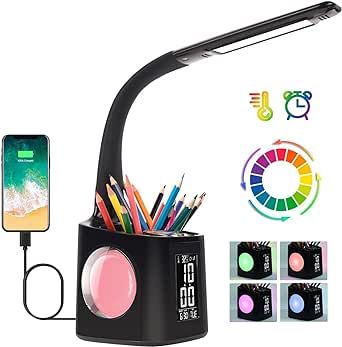 wanjiaone LED Desk Lamp with Clock,Color Changing Nightlight,Study Lamp with Pen Holder,Desk Light with USB Charger,Table Light for Home,Office,Gift for Kids,Students,Women,Black
