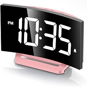 Digital Alarm Clock for Bedroom, Digital Clock with Modern Curved Design, Conspicuous LED Numbers, 5 Levels Brightness+Off,2 Volume, 3 Alarm Tones,Snooze, Power-Off Memory,12/24H, Bedside Clock