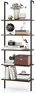 Giantex 5 Tier Modern Wall Mounted Bookshelf Rustic Brown, 71" Industrial Wood Bookcase with Steel Frame, Stand Display Storage Rack Organizer Ladder Shelf for Living Room, Kitchen