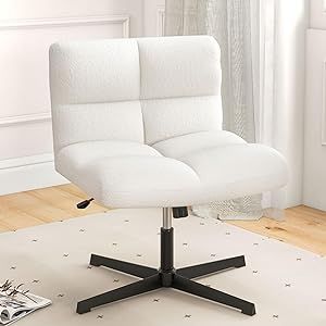 Giantex Cross Legged Office Chair, Faux Fur Armless Desk Chair with Wide Seat, Height Adjustable Computer Swivel Task Chair No Wheels, Modern Boucle Vanity Chair for Home Makeup Room, White