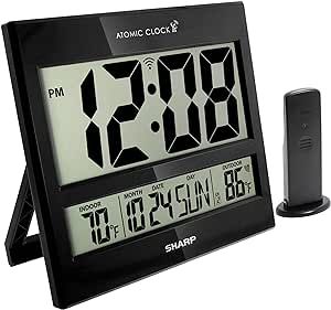 SHARP Atomic Clock - Never Needs Setting! - Jumbo 3" Easy to Read Numbers - Indoor/Outdoor Temperature Display with Wireless Outdoor Sensor - Gloss Black