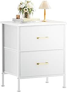 YILQQPER White Nightstand with 2 Drawers Small Dresser for Bedroom, Night Stand with Fabric Bins, Steel Frame, Wood Top, End Table Bedside Furniture for Home, Closet, Living Room, Dorm, Glacier White
