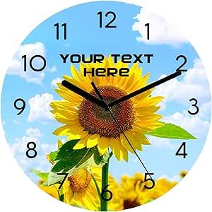 Sunflowers Blue Sky Custom Round Wall Clock Easy to Read Personalized Analog Rustic Clocks Battery Operated Silent Non Ticking Novelty Kitchen Living Room Bedroom Office Room Decor 11.6"