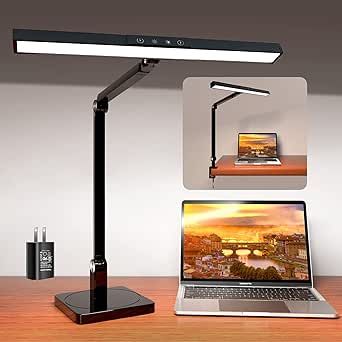 Smaeti Desk Lamp Desk Lamps for Home Office, Eye-Caring Dimmable Desk Lamp with Clamp & Base - 5 Color Modes 5 Brightness Levels,Touch Control Desk Lights for Study Work