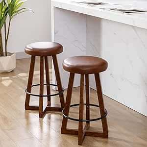 ZH4YOU Backless Swivel Counter Stools, Upholstered Pu Leather Counter Height Bar Stools Set of 2, Modern Round Kitchen Stools with Wood Frame for Dining Room/Home Bar/Cafe, Brown