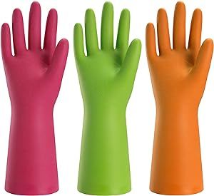 Bamllum 3 Pairs Rubber Cleaning Gloves for Household - Reusable Dishwashing Gloves for Kitchen, Flexible Durable & Waterproof (Large, Green+Red+Orange)