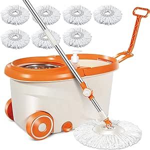 MASTERTOP Spin Mop & Bucket with Wringer Set, Floor Cleaning, Household Cleaning Supplies, Stainless Steel Spinning Mop Bucket, 7 Microfiber Mop Refills, 57" Extended Handle, 2 Wheels Easy Moving