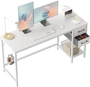 CubiCubi Computer Home Office Desk with 2 Drawers, 55 Inch Small White Desk Study Writing Table, Modern Simple PC Desk, White