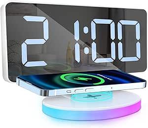 ENUOSUMA Digital Alarm Clock with Wireless Charging, Mirror Desk Clock Large Display with RGB Light, Dual Alarms, Snooze, USB Charger, 0%-100% Dimmer, 12/24 H, Bedside LED Clock for Kids Teens Adults