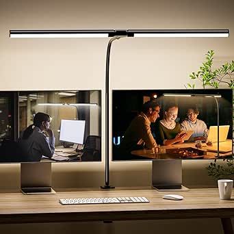 Quntis Double Head LED Desk Lamp with Clamp, 31.5" Architect Desk Light 4 Colors&Brightness Eye-Caring, Tall Bright Desk Lamp Adjustable Gooseneck for Home Office Dual Monitor (Black, Plug-in Powered)