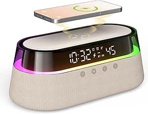 EZVALO 6 in 1 Digital Alarm Clock,Bedside Clock Radio with Fast Wireless Charging 15W, Bluetooth Speaker,Dual Alarm for Heavy Sleepers,FM Radio,12/24H&Snooze,USB Charger,Countdown Timer,RGB Mode
