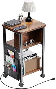 Merapi Small End Table with Charger, Side Table on Wheels, Mobile Nightstand with USB Ports, Rustic Wood Sofa Side Table with Storage for Small Spaces, Living Room, Bedroom, Study, Home Office