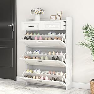 HANLIVES Shoe Cabinet for Entryway, White Narrow Shoe Storage Organizer with 3 Doors 2 Drawers,Flip Down Shoe Rack Wood 4 Tier Shoe Storage Cabinet for Hallway, Living Room,Home and Apartment